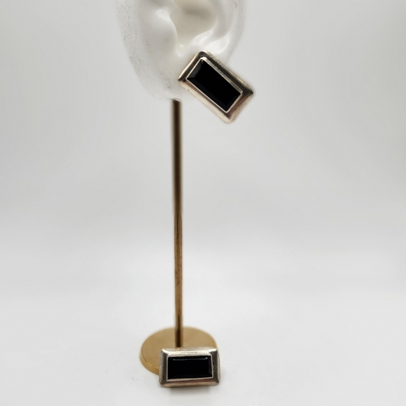 TAXCO MEXICO 925 STERLING SILVER black Onyx rectangular shape clip on earrings - Picture 3 of 5